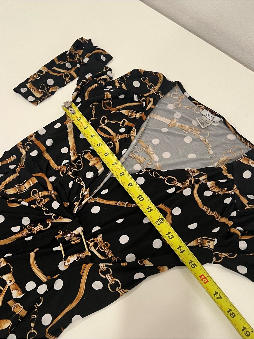 Vtg Cache women’s wrap blouse XS gold chain metallic detail polka dot mob wife - Picture 6 of 7